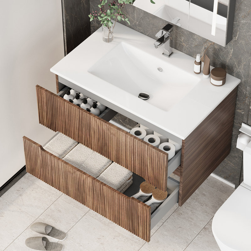 30-Inch Floating Bathroom Vanity with Sink – Wall-Mounted Cabinet Set with Ceramic Basin, Soft-Close Drawers, Faucet, and Pop-Up Drain in Walnut Finish