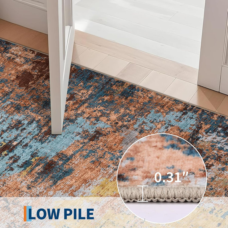 Abstract Art-Inspired Thin Indoor Rug, Distressed Oil Painting Pattern Low Pile Area Mat with Soft Surface, Easy to Clean & Stain Resistant for Living Room, Bedroom, Entryway, Study