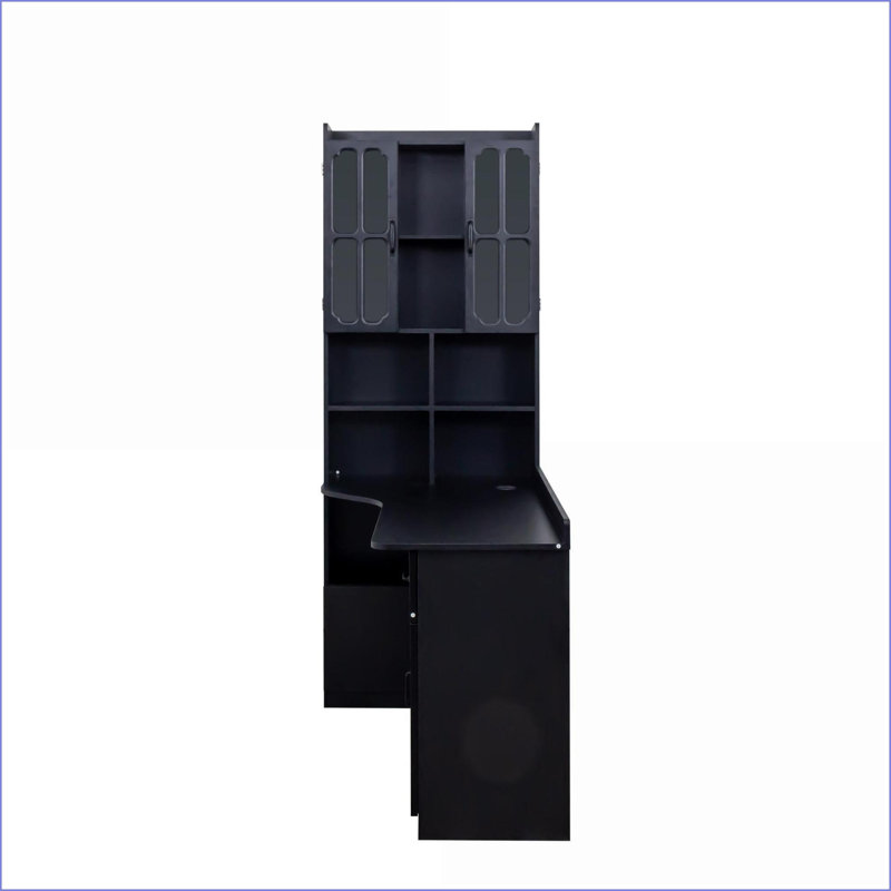 L-Shaped Corner Computer Desk with Drawers, Bookshelf and Hutch, Black, 76.77'' H X 55.12'' W X 31.5'' D