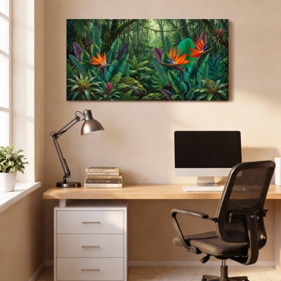 «Tropical Jungle with Bird Of Paradise Flowers», reproduction d'art sur toile tendue sur toile, ensemble de 1