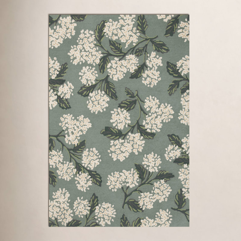 Tapis floral en laine fait à la main en sauge hydrangée Rifle Paper Co. x Loloi, Rectangle 7 pi 9 po x 9 pi 9 po