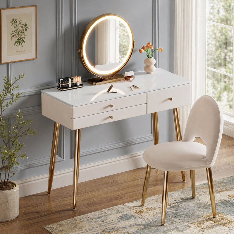 Vanity Desk Set With Led Lighted Mirror & Chair, Makeup Table with 3 Drawers, Dresser Table for Bedroom, White and Gold