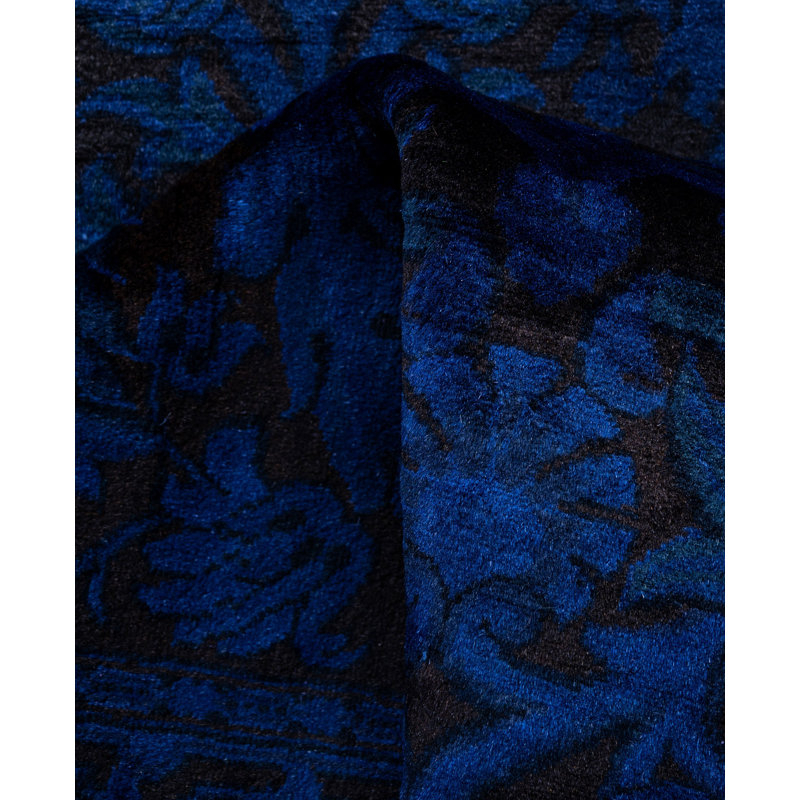 Tapis de couloir noué à la main de conception unique Rachal - bleu, 2 pi 7 po x 8 pi 0 po