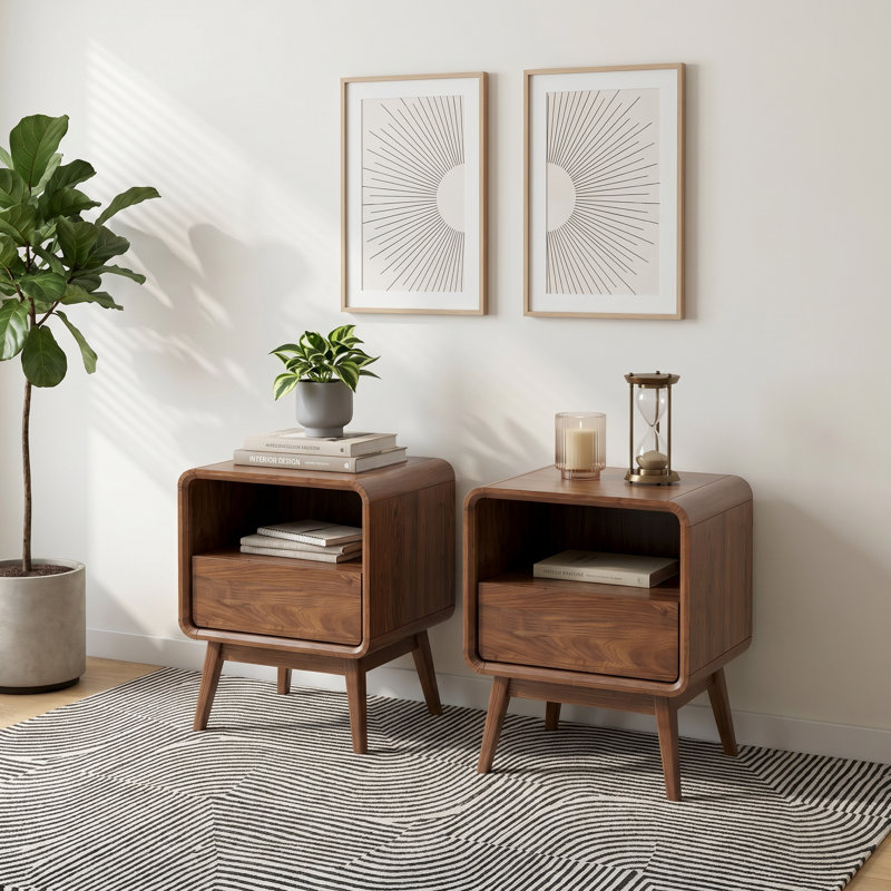 MCM Set of 2 Solid Wood Nightstand With 1 Drawer and Open Shelf, American Walnut