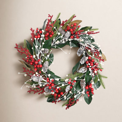 24" Artificial Farmhouse Greenery Foliage Leaves Pine Needle Pinecone Berry Winter Christmas Day Front Door Wreath