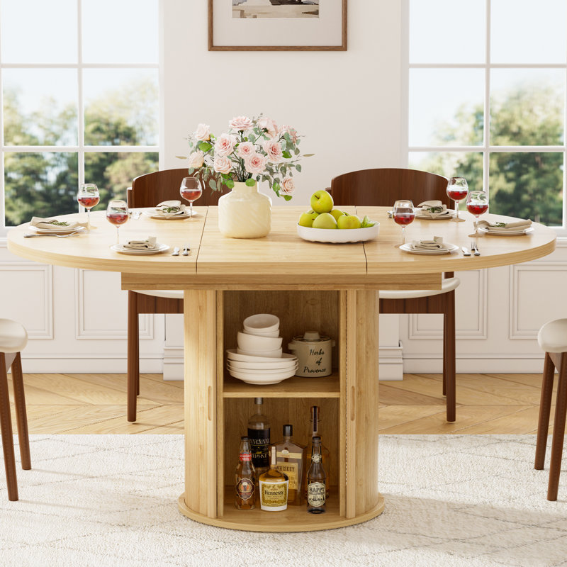 55"W Extendable Round Dining Table for 4–6 with Fluted Base & Large Space Storage Cabinet Oval Dinner Kitchen Table for Kitchens, Dining/Living Rooms
