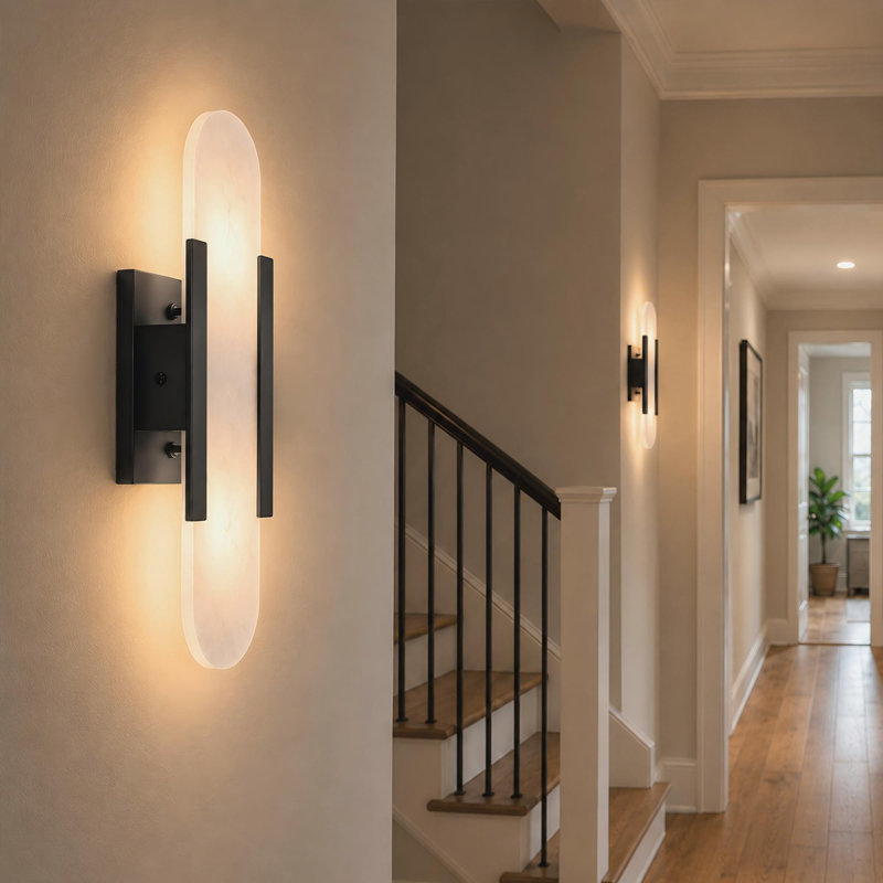 1-Light Alabaster Wall Sconce, Dimmable Oval Vanity Light with Natural Stone Shade for Bathroom, Bedroom & Hallway, Black
