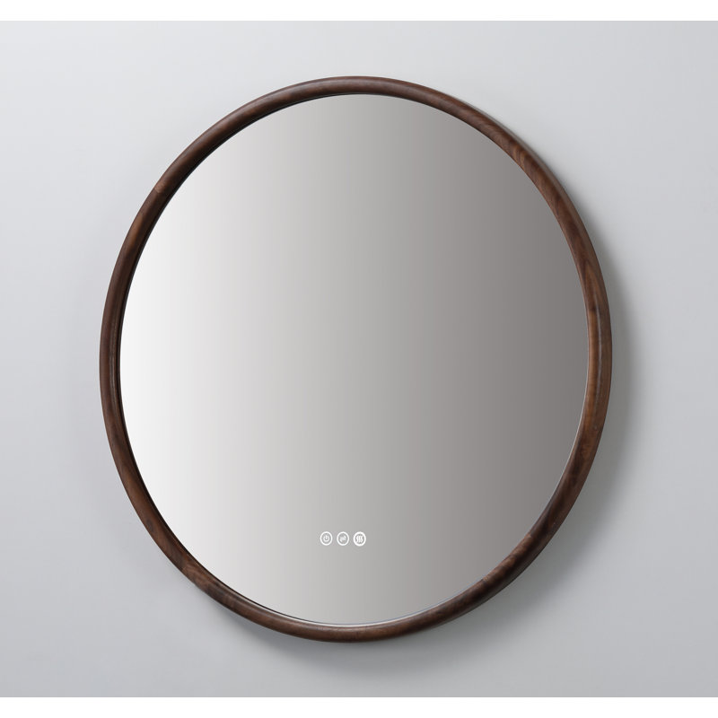 Miroir anti-buée en chêne naturel Veener, Rond, 35,43 po x 35,43 po, Noyer