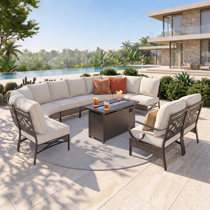 Ensemble de conversation incurvé pour patio extérieur – Canapé d'angle en résine tressée marron avec table de foyer, Oui