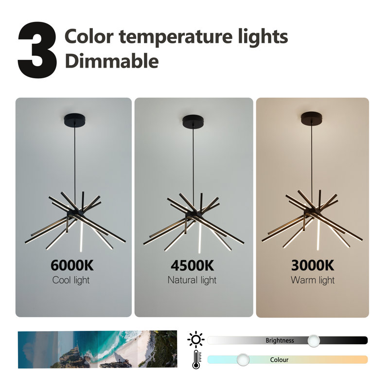 Mercer41 8-Light Aluminum Remote Control Dimmable LED Modern Sputnik Chandelier, Matte Black
