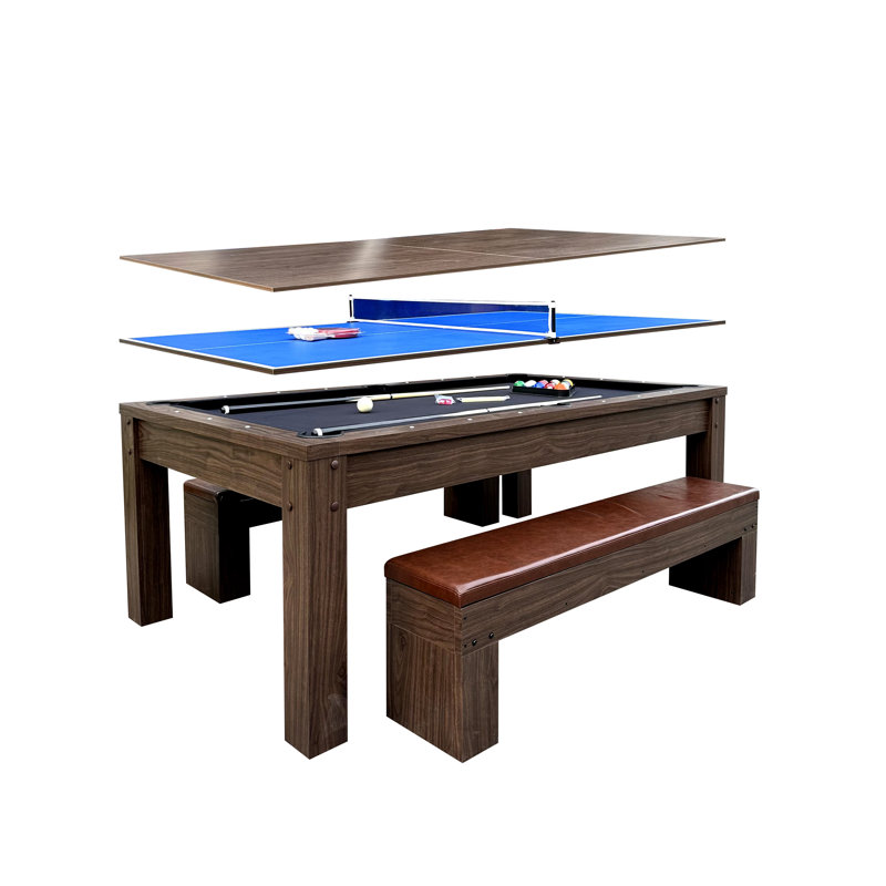 7Ft 3-in-1 Multi Game Table – Pool, Ping Pong & Dining Table with 2 Padded Storage Bench