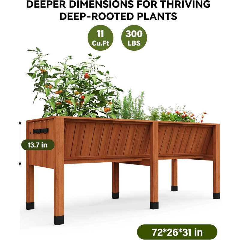 Elevated Wood Planter Box 72x26x30 in with Hooks & Liner, Raised Garden Bed for Patio Vegetables Herbs, Brown