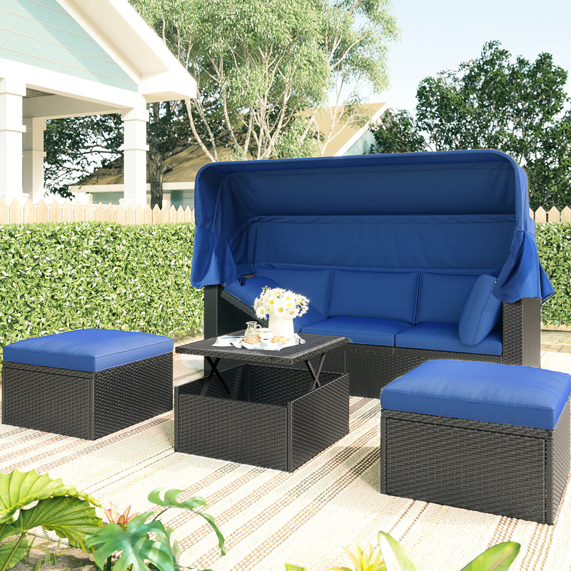 Lit de jour d'extérieur avec auvent rétractable et coussins de soutien pour la terrasse, Bleu