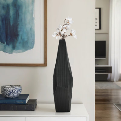 Grand vase moderne en métal à nervures asymétriques pour la décoration de salon - Vases à fleurs d'inspiration artistique pour centre de table, style de chambre à coucher et décoration intérieure