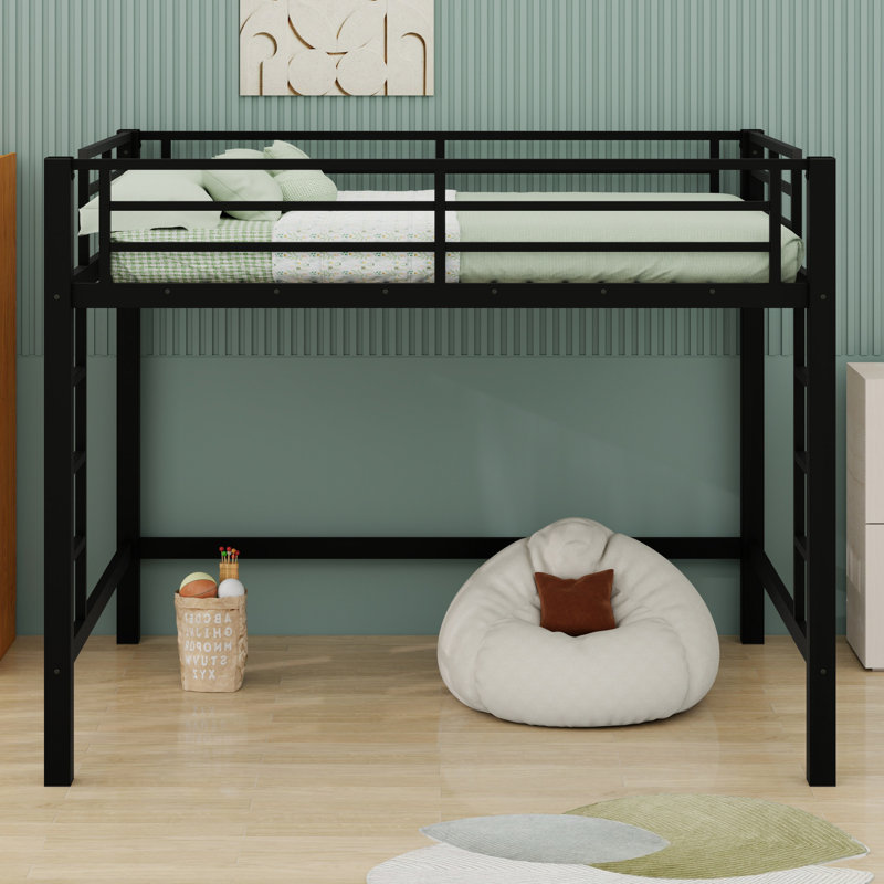 Metal Loft Bed With Ladder And Guardrails, Full