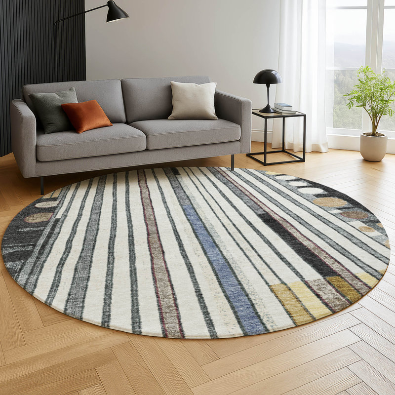 Premium Machine Washable Mayfield AMF2189 geometric Rug, 8' Round, Black