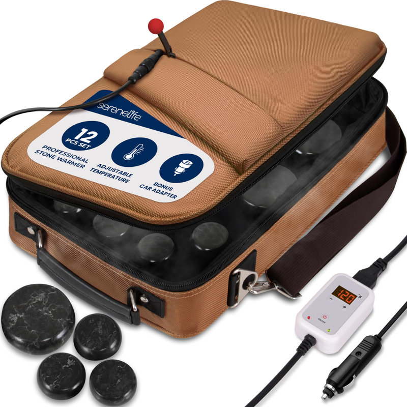 Ensemble de chauffe-pierres portatif Serenelife - ensemble de chauffage et de pierres chaudes pour spa électrique avec 6 grandes et 6 petites roches de massage rondes en forme de basalte, sac de chauffage à contrôleur numérique
