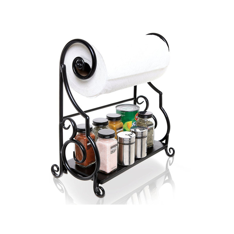 Metal Paper Towel Holder Stand With Shelf – Black Metal Freestanding Countertop Organizer For Kitchen, Scrollwork Design, Horizontal Storage For Spices, Napkins, And Condiments