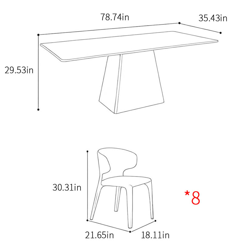 Modern light luxury rectangular dining table sets., 29.53"H x 78.74"L x 35.43"W