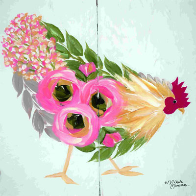 Poule florale sur blanc - peinture sur toile tendue