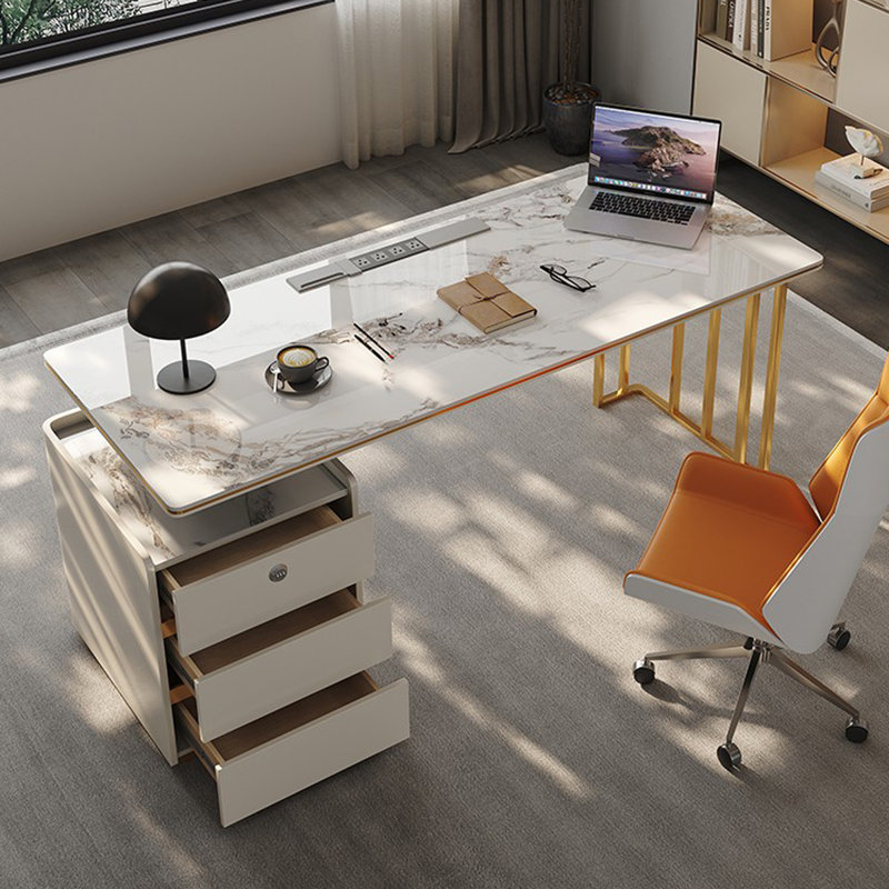 Bureau rectangulaire blanc et doré, Orienté à gauche (vu de face), H 29,53 po x l 62,99 po x P 27,56 po