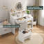 Bureau de coiffeuse blanc avec miroir pivotant à 360 ° et lumières réglables, coiffeuse pour filles avec fauteuil de rangement et armoire d'appoint avec portes en verre Waveform, coiffeuse avec tiroir, coiffeuse