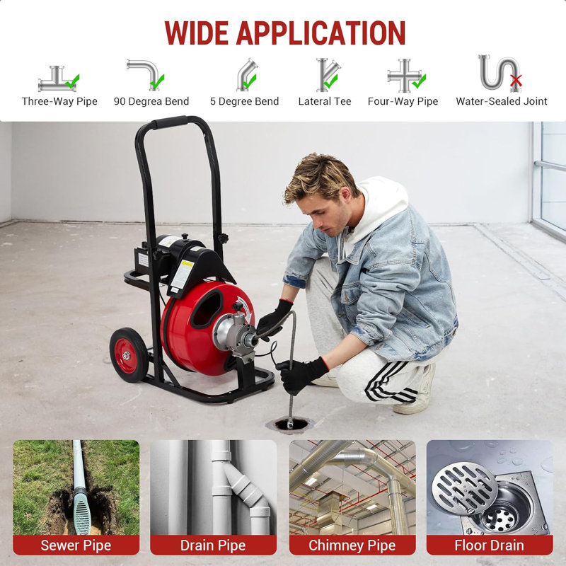 Electric Drain Auger with 75' x 3/8" Steel Cable, Automatic Feed Drain Cleaning Machine with Cutters & Wheels for Toilet, Sink & Pipe Clogs, 200W