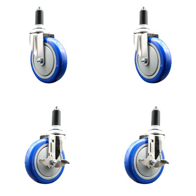 5 Inch 316SS Poly Swivel 1-1/4 Inch Expanding Stem Caster Set 2 Brake SCC