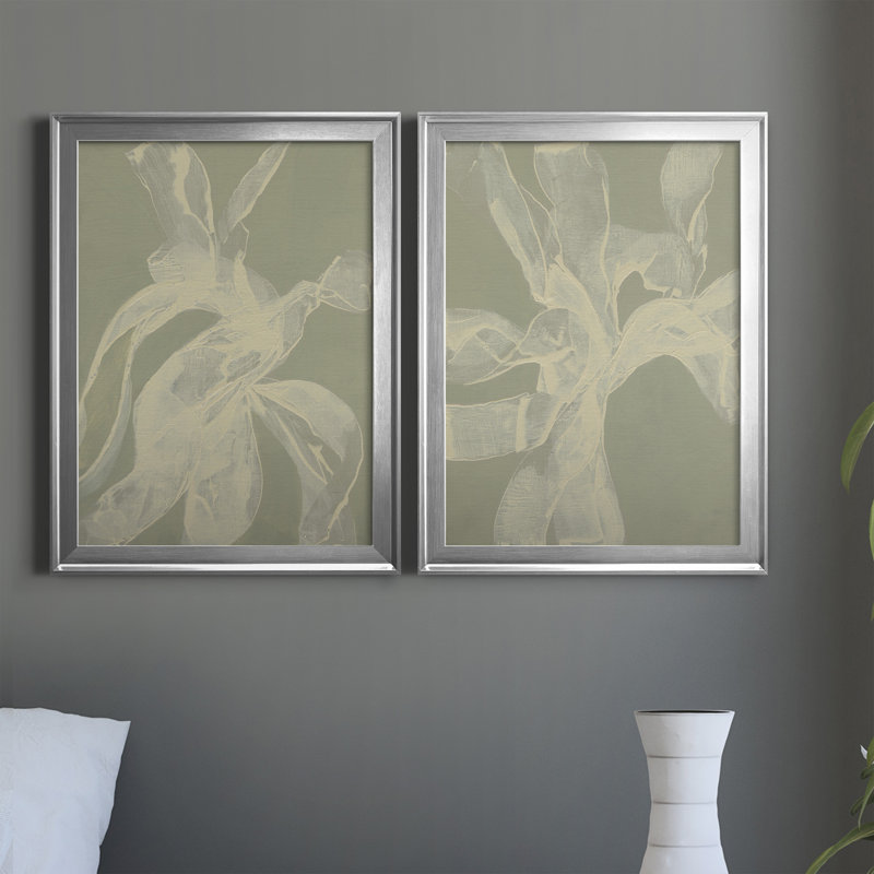 «White Ribbon on Celadon I», ensemble de 2 peintures sur toile encadrées, H 24,5 po x l 37 po x P 1 po, Cadre argenté
