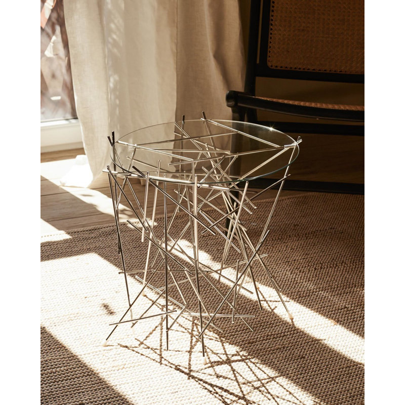 Blow Up Glass Top End Table, Stainless Steel