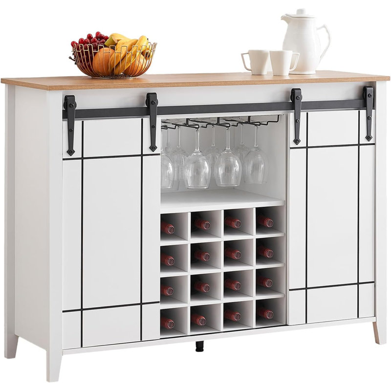 Farmhouse Wine Cabinet with Storage with Sliding Barn Door Buffet Sideboard Cabinet with 16 Bottle Wine Rack for Dining Coffee Bar Cabinet for Dining Room
