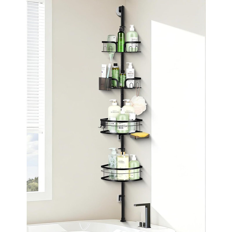 Pomme de douche Caddy Corner - Noir - Organisateur de douche sur pied réglable à 4 niveaux avec porte-savon et crochets, fixation auto-adhésive ou perceuse