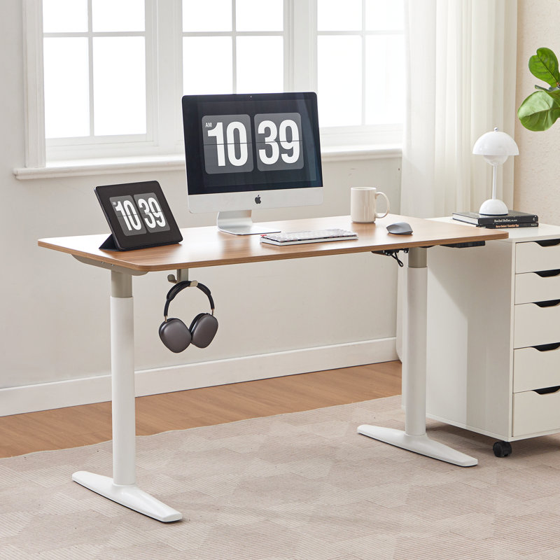 Electric Height Adjustable Standing Desk with Round Tube Column, 46" H x 55" W x 28" D, Light Walnut/White