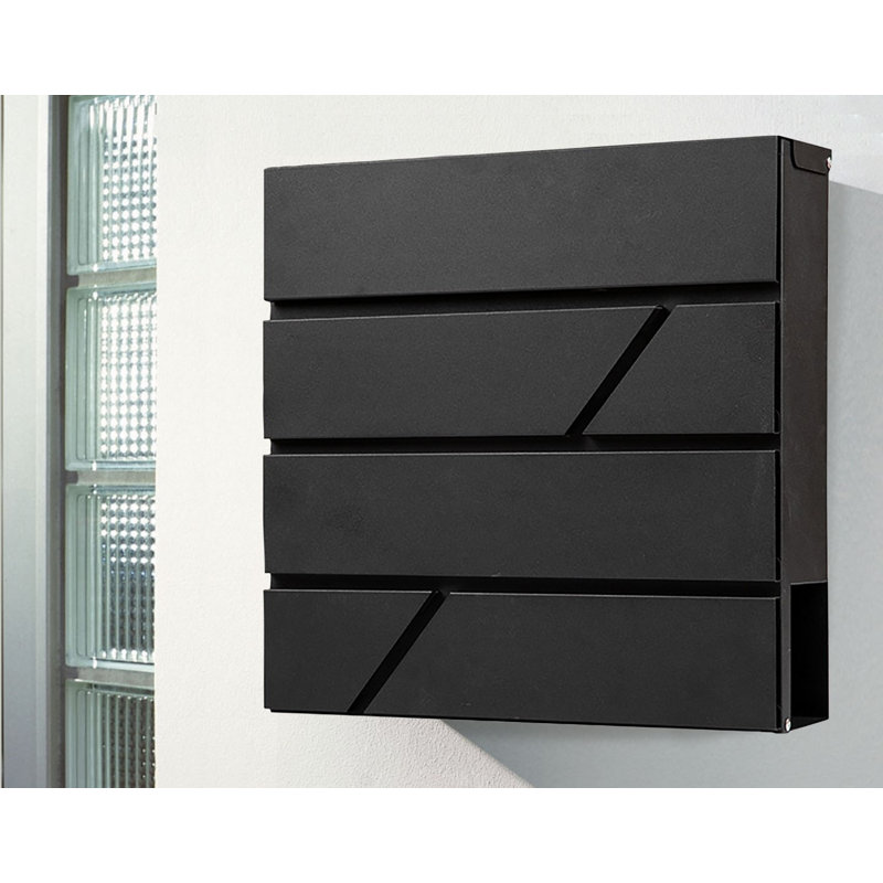 Modern Black Steel Wall Mounted Lockable Mailbox with Newspaper Holder