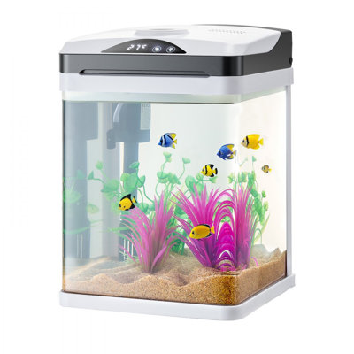 Aquarium carré de 7,5 litres (2 gallons) en verre ultra-transparent avec éclairage DEL, contrôle de la température et 7 couleurs réglables. Système autonettoyant. Convient aux poissons d'eau douce et d'eau de mer. Idéal pour la maison, le bureau ou comme animal de compagnie.