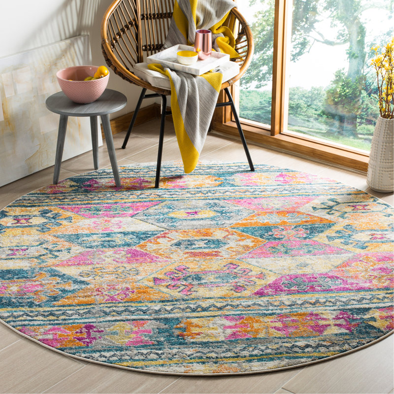 Felty Ikat Pink Area Rug, Round 6'7"
