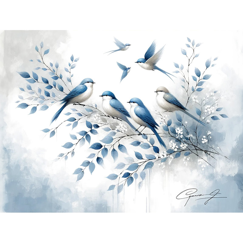 «Blue Birds in Flight with Botanical Elements», art mural sur toile tendue, H 12 po x l 16 po x P 1 po