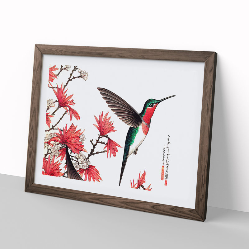 Japanese Hummingbird - Single Picture Frame Print, 25cm H x 34cm W x 2cm D, Walnut