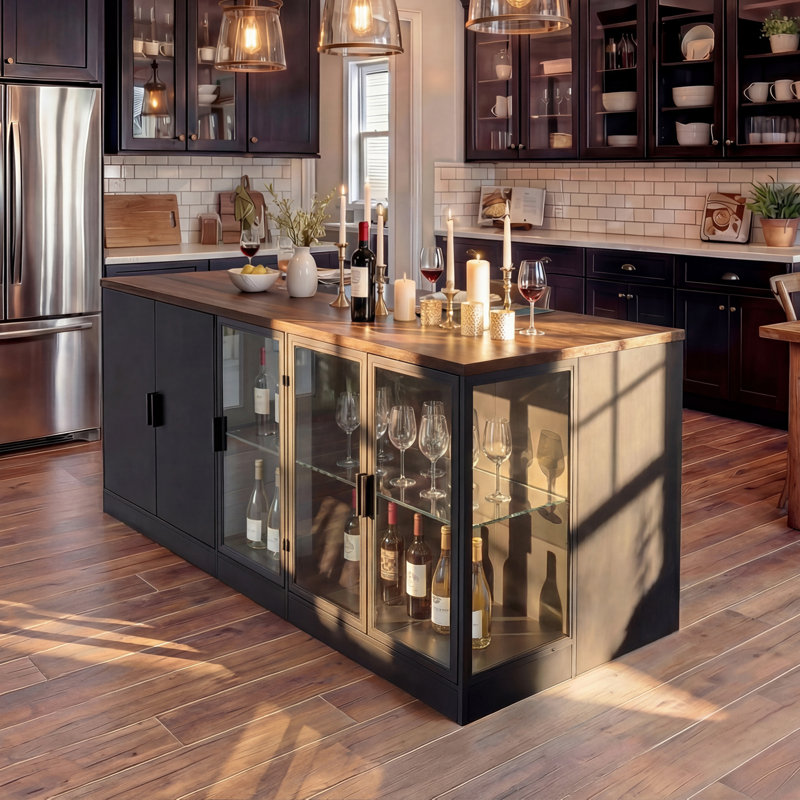 Îlot de cuisine l 77,6 po avec porte vitrée et double face lumineuse