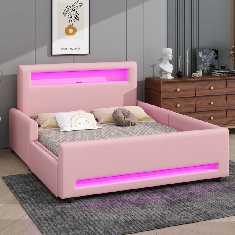 Lit plateforme double avec tiroir, éclairage à bande DEL et connectivité USB, Lit double, Rose