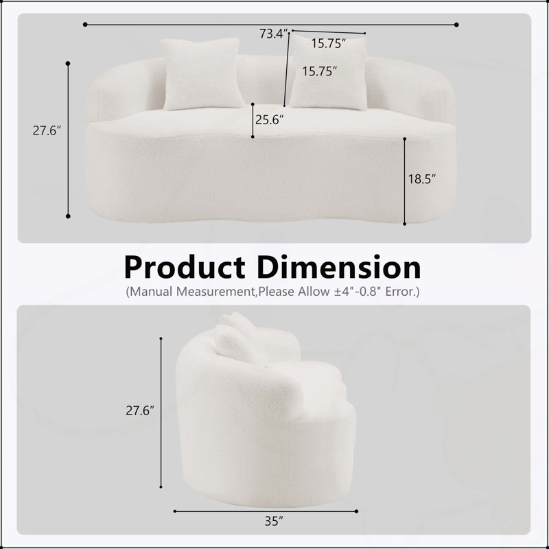 Boneless Curved Loveseat Sofa with Round Armrest and 2 Pillows, Ideal for Small Spaces and No Assembly Required, White
