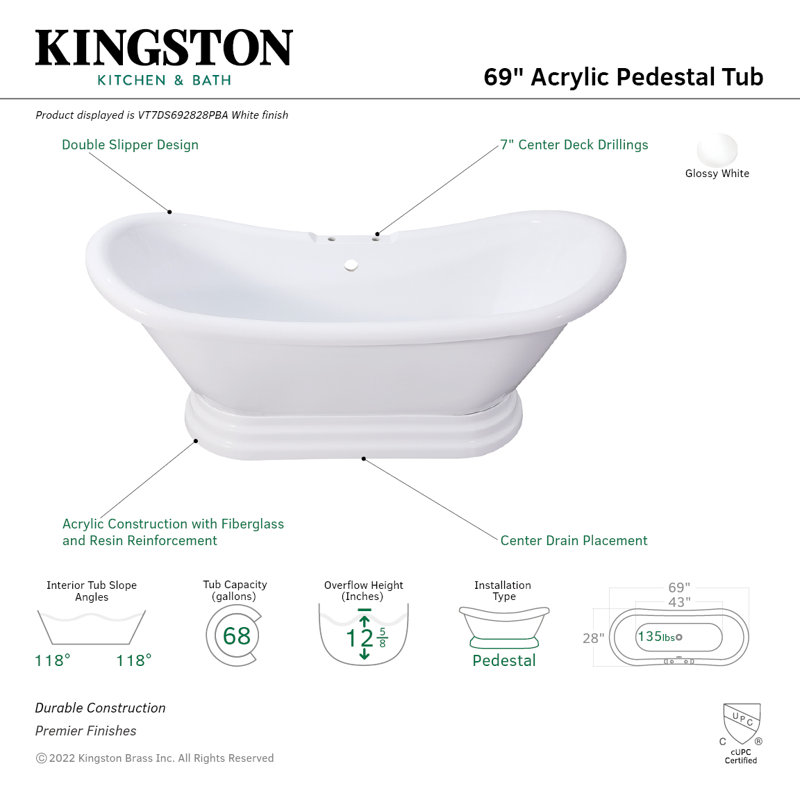 Kingston Brass Aqua Eden 69-Inch Acrylic Oval Double Slipper Pedestal Tub (7-Inch Faucet Drillings)