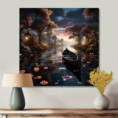 «Dinghy Floating On Misty Magic Lotus Pond - Lake», reproduction d'art murale