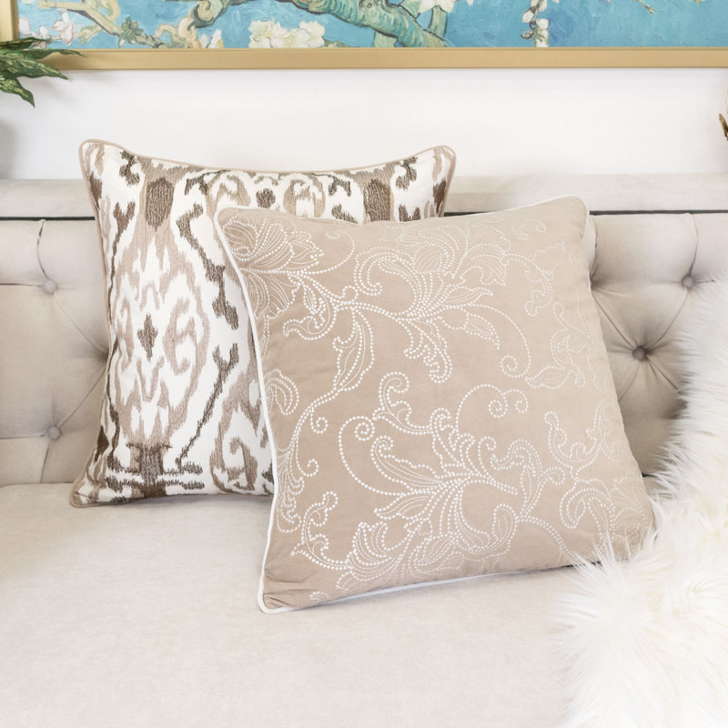  Embroidery Square Pillow Cover & Insert, Beige