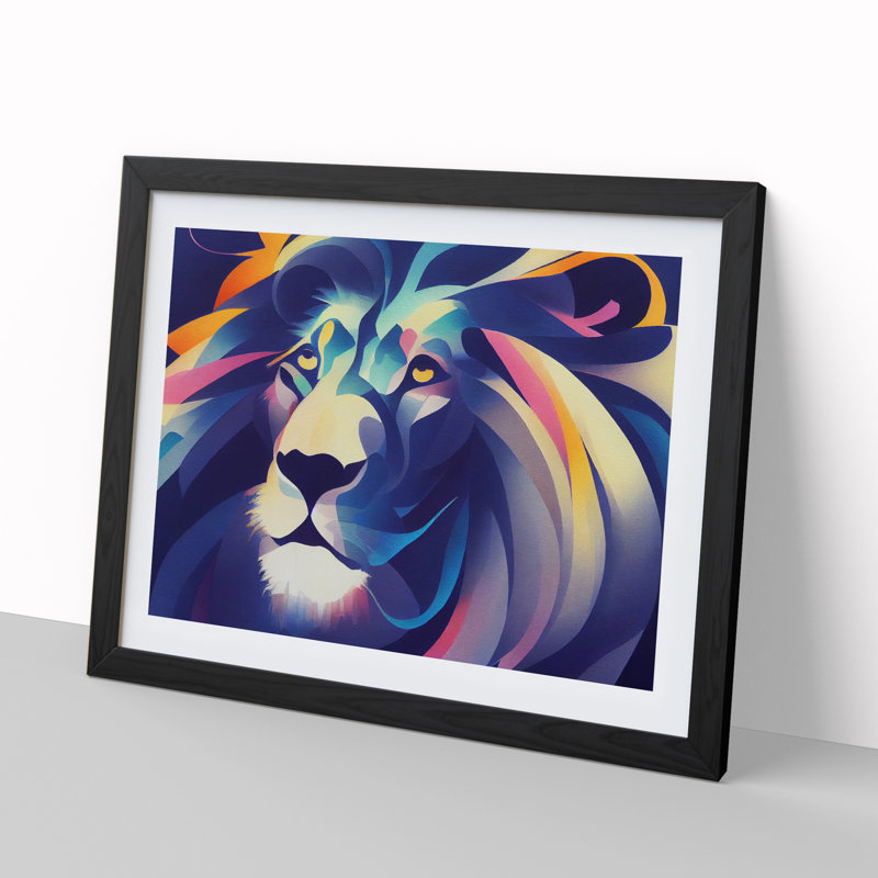 Animated Lion Abstract - Single Picture Frame Print, 25cm H x 34cm W x 2cm D, Black Framed