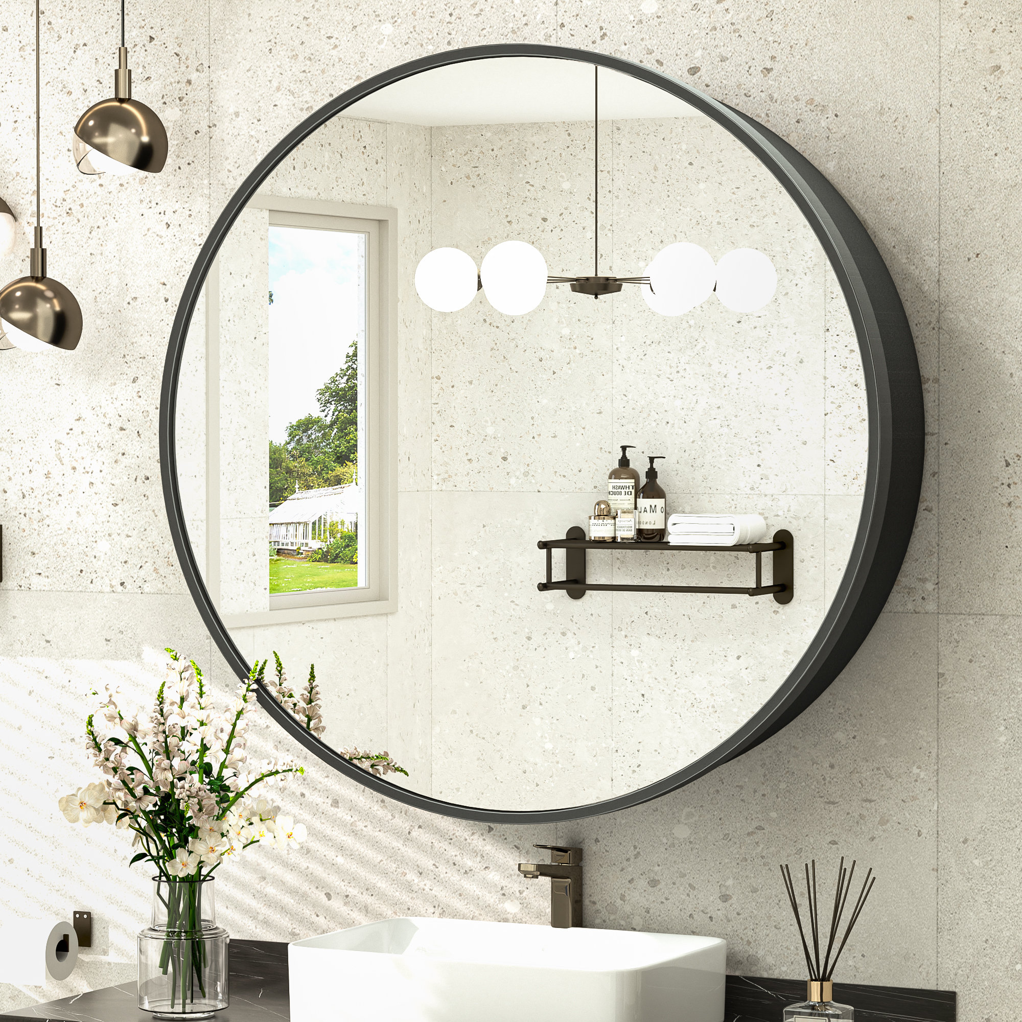 Gervon Round Wall Mounted Medicine Cabinet with Shelves Keonjinn Size 20 H x 20 W x 6 D Finish Black