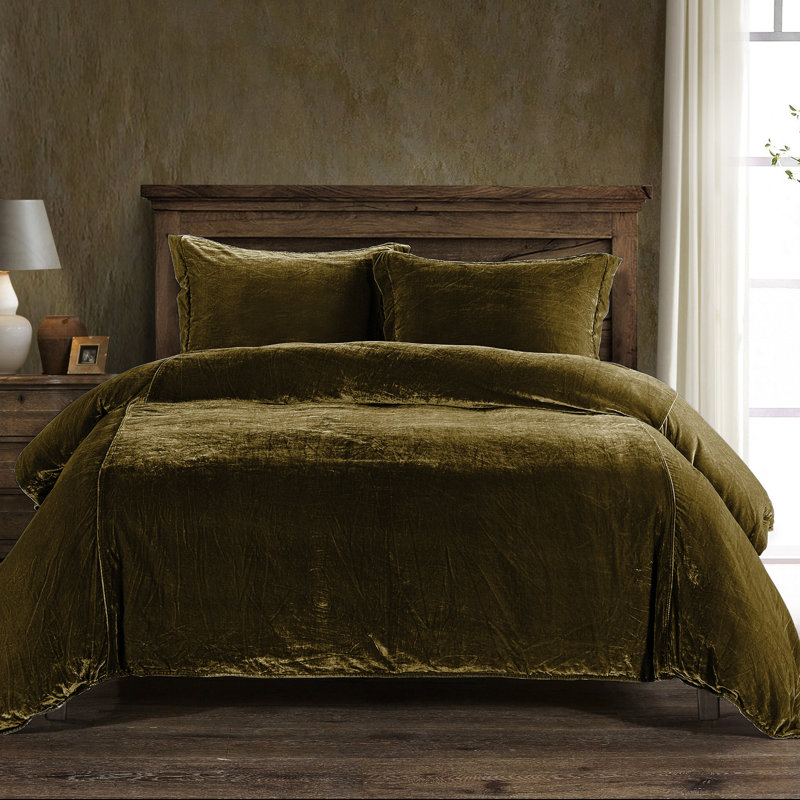 King Green Ochre Velvet Bedspread Cover with Cotton Shams