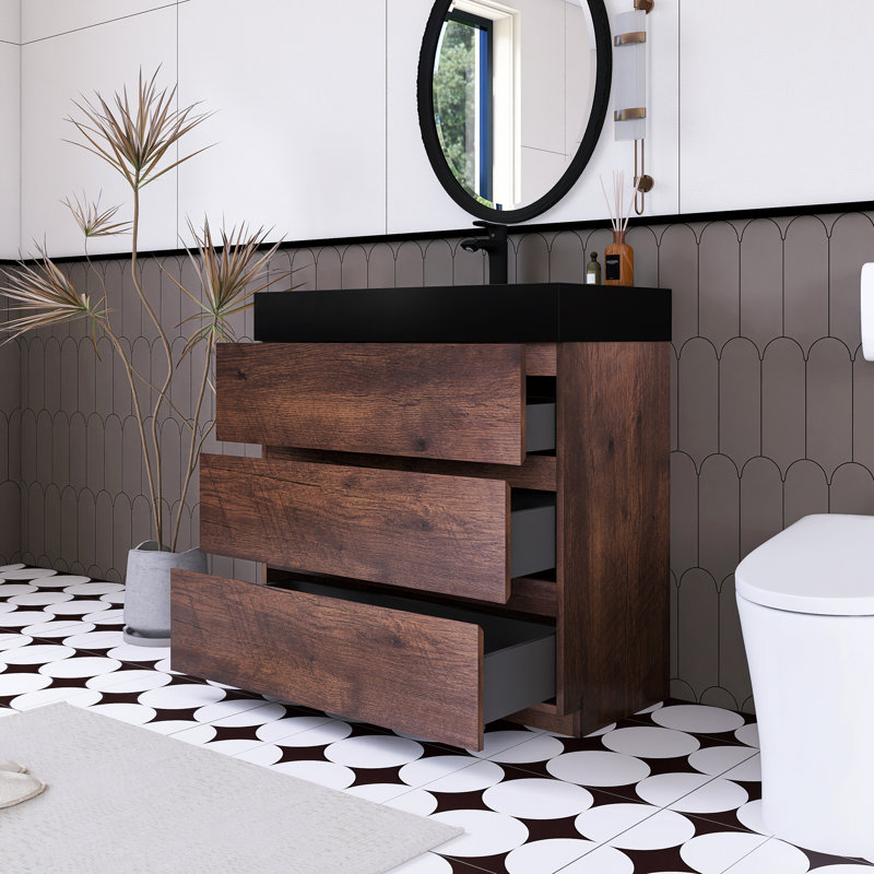 Ensemble de meuble-lavabo simple 35,8 po avec surface solide Rahoul, Brun, Noir mat