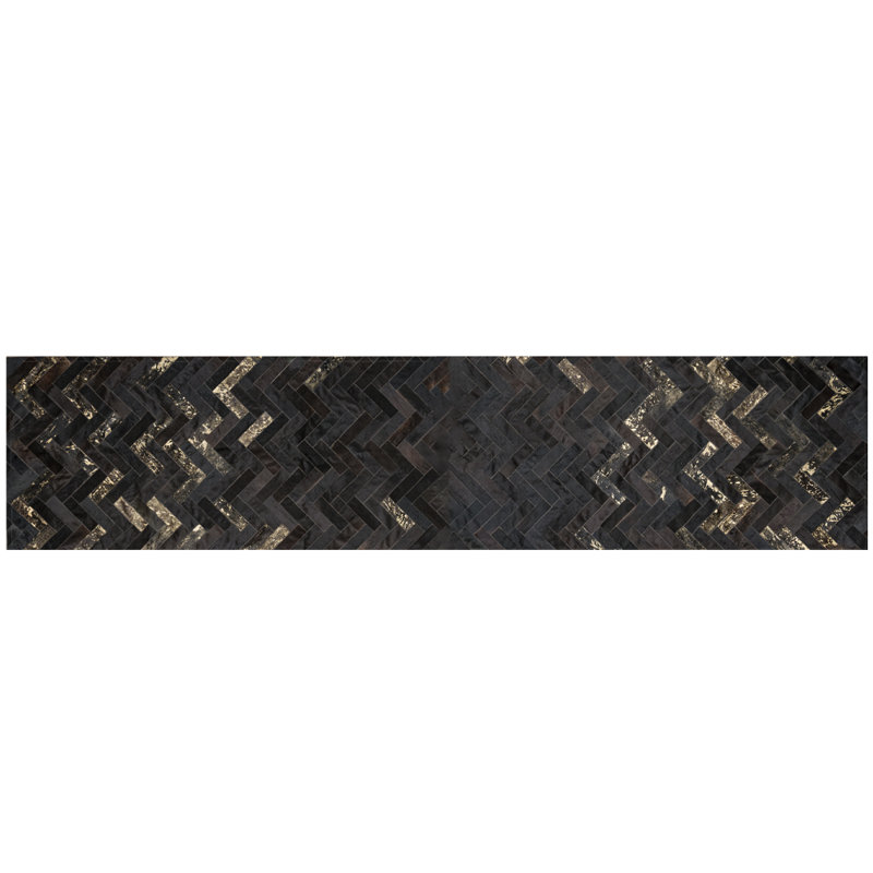 Estrella Cowhide Geometric Area Rug in Black, Runner 2'7" x 13'1"