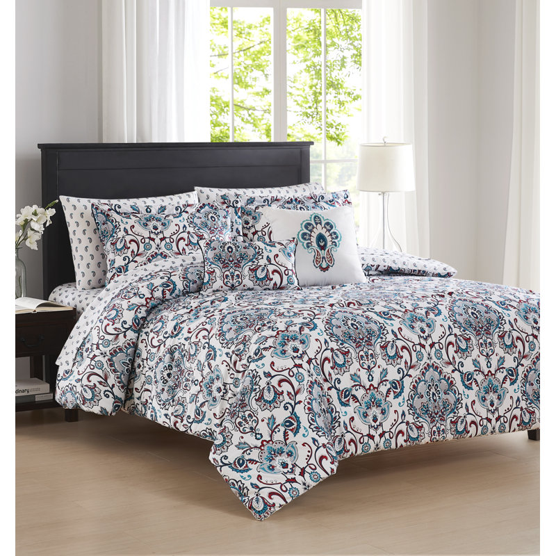 Ensemble d'édredon Charlette avec ensemble de draps assorti, Très grand édredon et 8 pièces supplémentaires, Bleu sarcelle